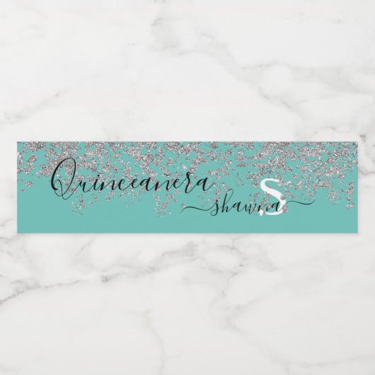 Girly Silver en Blauwgroen Monogram Aqua Sparkle Waterfles Etiket (Enkel label)