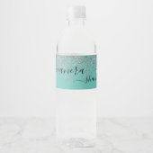 Girly Silver en Blauwgroen Monogram Aqua Sparkle Waterfles Etiket (Voorkant)