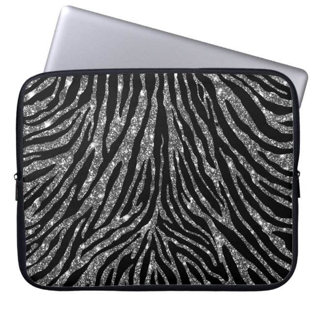 Girly Silver Faux Glitter Black Zebra Pattern Laptop Sleeve (Voorkant)