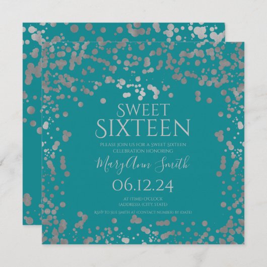 Girly Silver Foil Confetti Sweet 16 Invite Blauwgr Bedankkaart (Voorkant / Achterkant)