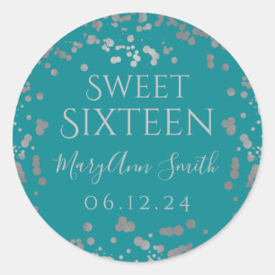 Girly Silver Foil Confetti Sweet Sixteen Blauwgroe Ronde Sticker