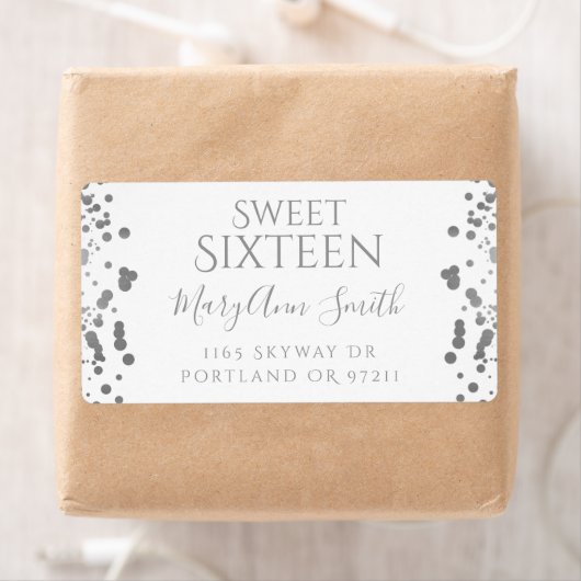 Girly Silver Foil Confetti Sweet Sixteen Etiket (Insitu)
