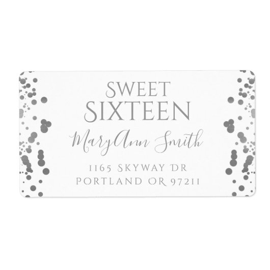 Girly Silver Foil Confetti Sweet Sixteen Etiket (Voorkant)