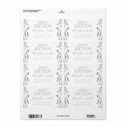 Girly Silver Foil Confetti Sweet Sixteen Etiket (Full Sheet)