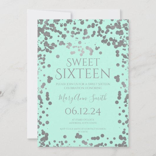 Girly Silver Foil Confetti Sweet Sixteen Mint Kaart (Voorkant)