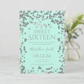 Girly Silver Foil Confetti Sweet Sixteen Mint Kaart (Staand voorkant)