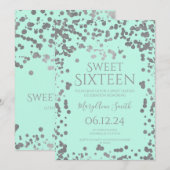 Girly Silver Foil Confetti Sweet Sixteen Mint Kaart (Voorkant / Achterkant)
