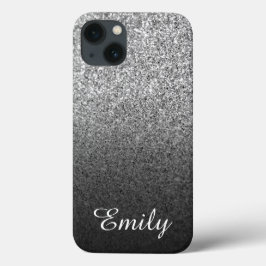 Girly Silver Glitter Black Ombre gepersonaliseerd iPhone 13 Hoesje