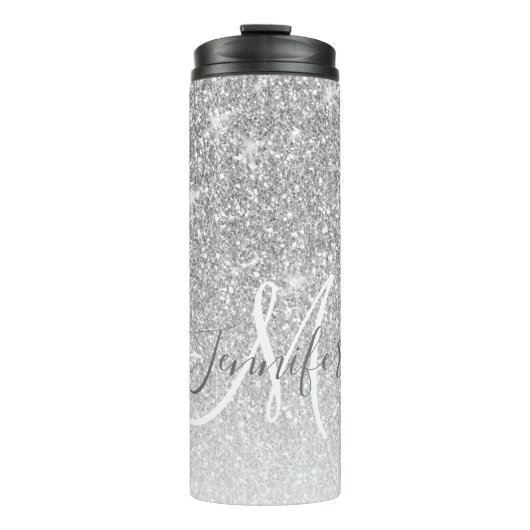 Girly Silver Glitter Blush Monogram Naam  Thermosbeker (Voorkant)