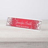 Girly Silver Glitter Bright Red Gradient Bureau Naambordje (Voorkant)