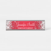 Girly Silver Glitter Bright Red Gradient Bureau Naambordje (Voorkant)