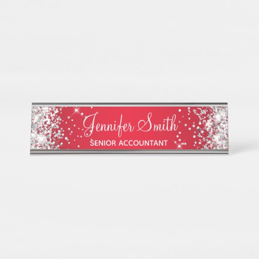 Girly Silver Glitter Bright Red Gradient Bureau Naambordje (Voorkant)