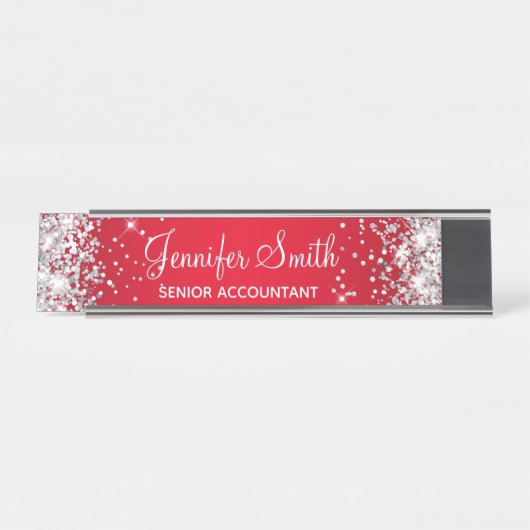 Girly Silver Glitter Bright Red Gradient Bureau Naambordje (Voorkant)