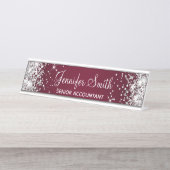 Girly Silver Glitter Burgundy Gradient Bureau Naambordje (Voorkant)