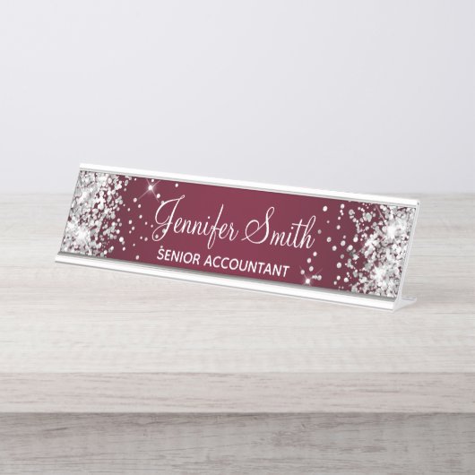 Girly Silver Glitter Burgundy Gradient Bureau Naambordje (Voorkant)