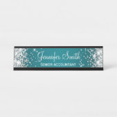 Girly Silver Glitter Dark Turquoise Gradient Bureau Naambordje (Voorkant)