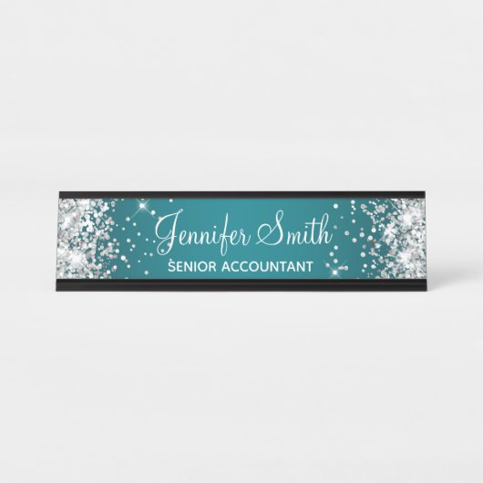 Girly Silver Glitter Dark Turquoise Gradient Bureau Naambordje (Voorkant)