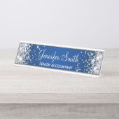 Girly Silver Glitter Deep Blue Gradient Bureau Naambordje (Voorkant)
