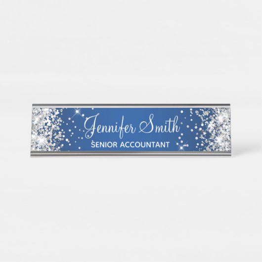 Girly Silver Glitter Deep Blue Gradient Bureau Naambordje (Voorkant)