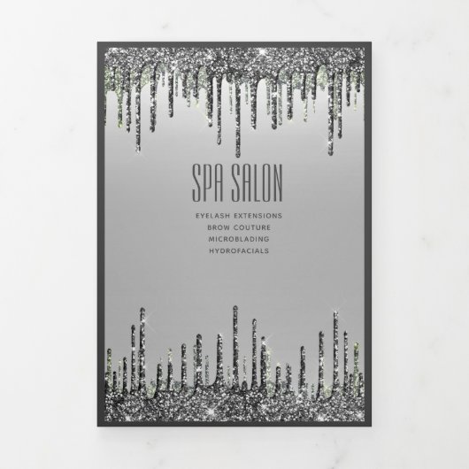 Girly Silver Glitter Double Drips Salon Brochure Drieluik Uitnodiging (Cover)