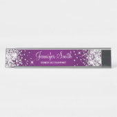 Girly Silver Glitter Eggplant Paarse gradiënt Bureau Naambordje (Voorkant)