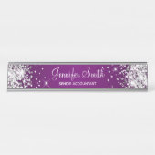 Girly Silver Glitter Eggplant Paarse gradiënt Bureau Naambordje (Voorkant)