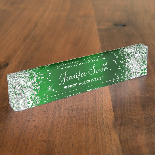 Girly Silver Glitter Faux Emerald Green Folie Naambordje (Zijkant)