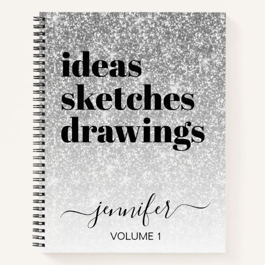 Girly Silver Glitter Jouw naam Sketchbook Notitieboek (Voorkant)