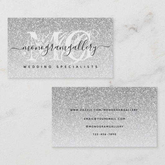 Girly Silver Glitter Luxe Glam Monogram Visitekaartje (Voorkant / Achterkant)