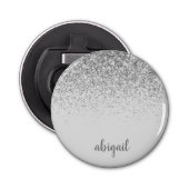 Girly Silver Glitter Modern Monogram Naam Button Flesopener (Voorkant)
