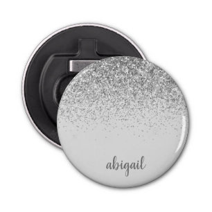 Girly Silver Glitter Modern Monogram Naam Button Flesopener