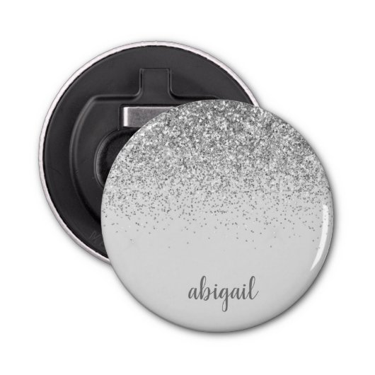 Girly Silver Glitter Modern Monogram Naam Button Flesopener (Voorkant)