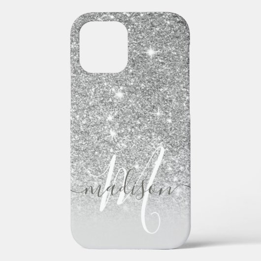 Girly Silver Glitter Monogram Naam Case-Mate iPhone Case (Achterkant)