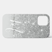 Girly Silver Glitter Monogram Naam Case-Mate iPhone Case (Achterkant (horizontaal))