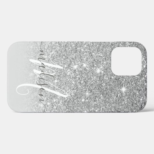 Girly Silver Glitter Monogram Naam Case-Mate iPhone Case (Achterkant (horizontaal))