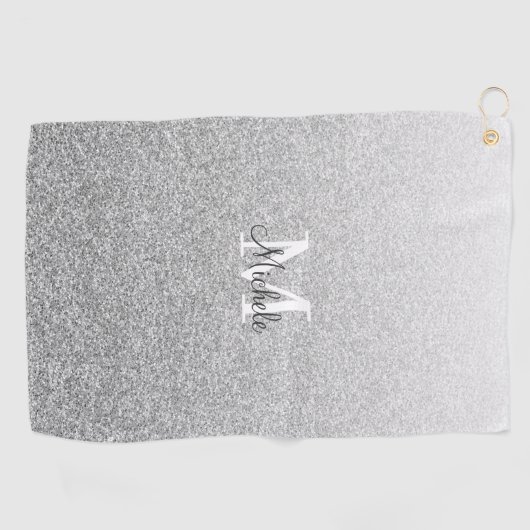 Girly Silver Glitter Monogram Script Golfhanddoek (Horizontaal)