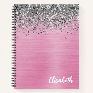 Girly Silver Glitter Pink Borhed Metal Monogram Notitieboek
