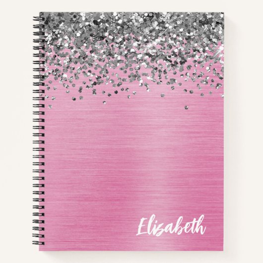 Girly Silver Glitter Pink Borhed Metal Monogram Notitieboek (Voorkant)