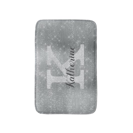 Girly Silver Glitter Sparkle Glam Monogram Naam Badmat (Voorkant Verticaal)