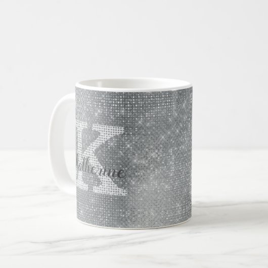 Girly Silver Glitter Sparkle Glam Monogram Naam Koffiemok (Voorkant links)