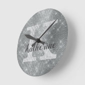 Girly Silver Glitter Sparkle Glam Monogram Naam Ronde Klok (Hoek)