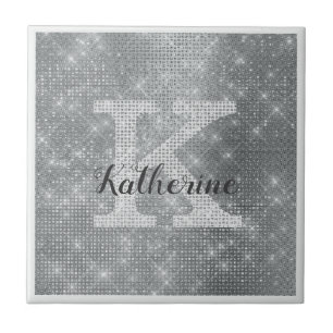 Girly Silver Glitter Sparkle Glam Monogram Naam Tegeltje