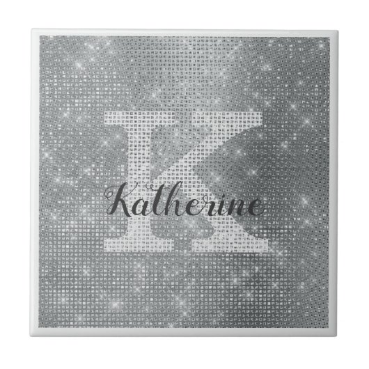 Girly Silver Glitter Sparkle Glam Monogram Naam Tegeltje (Voorkant)
