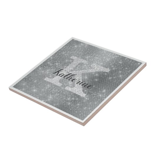 Girly Silver Glitter Sparkle Glam Monogram Naam Tegeltje (Zijkant)