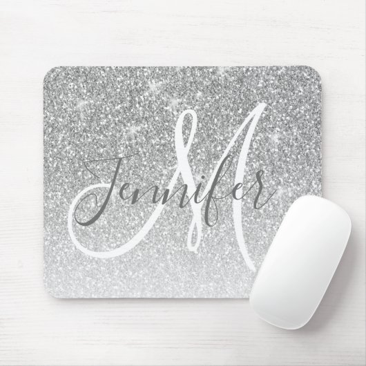 Girly Silver Glitter Sparkles Grey Monogram Name Muismat (Met muis)
