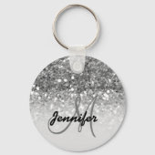 Girly Silver Glitter Sparkles Monogram Sleutelhanger (Voorkant)
