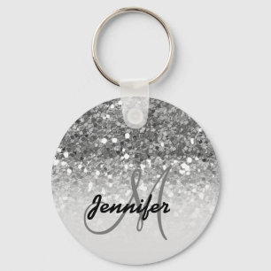 Girly Silver Glitter Sparkles Monogram Sleutelhanger
