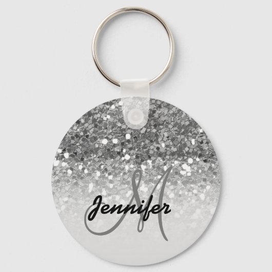 Girly Silver Glitter Sparkles Monogram Sleutelhanger (Voorkant)