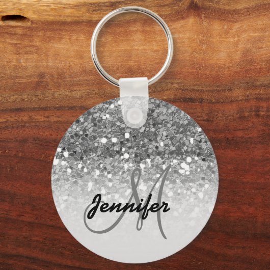 Girly Silver Glitter Sparkles Monogram Sleutelhanger (Voorkant)