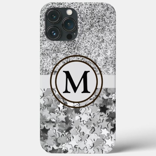 Girly Silver Glitter Stars Monogram Case-Mate iPhone Case (Achterkant)